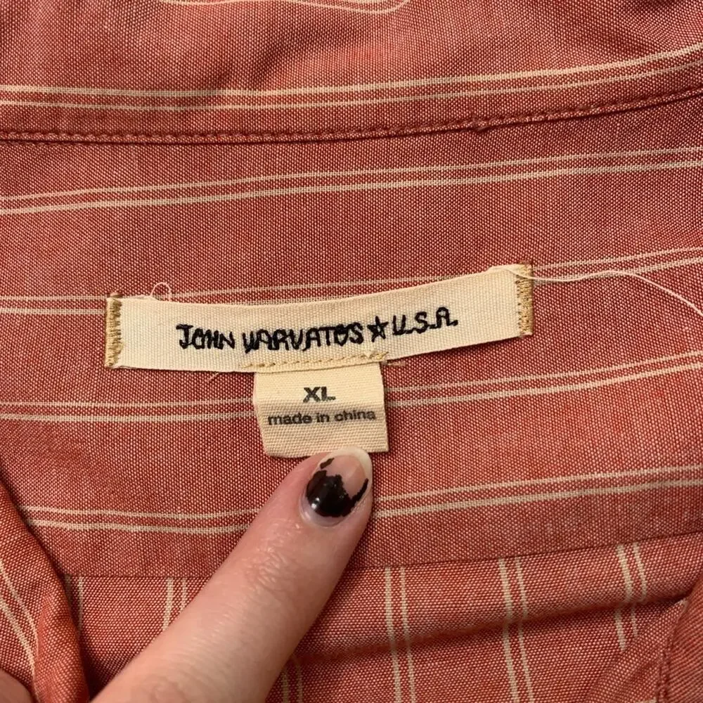 John Varvatos Shirt Mens XL Salmon Cream Cotton Striped Button Up Long Sleeve - Picture 5 of 8